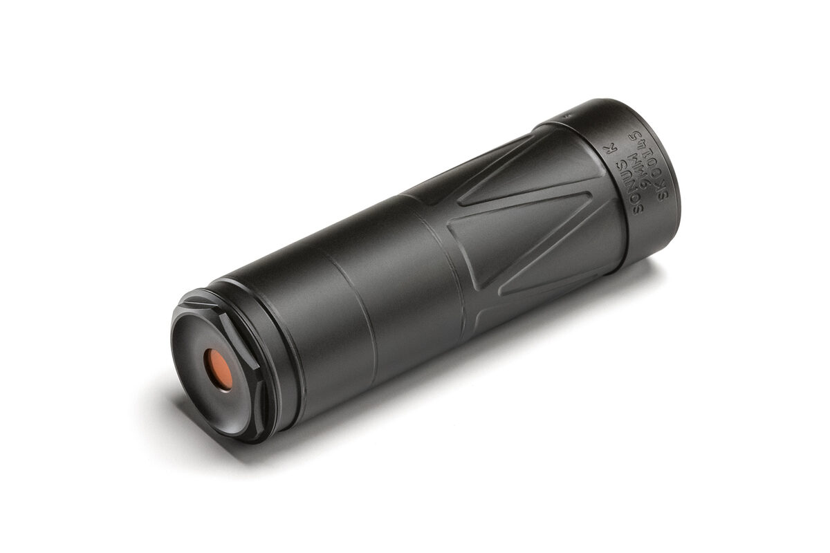 Sonus 9K compact 9mm suppressor — angle view with wiped end cap, Energetic Armament