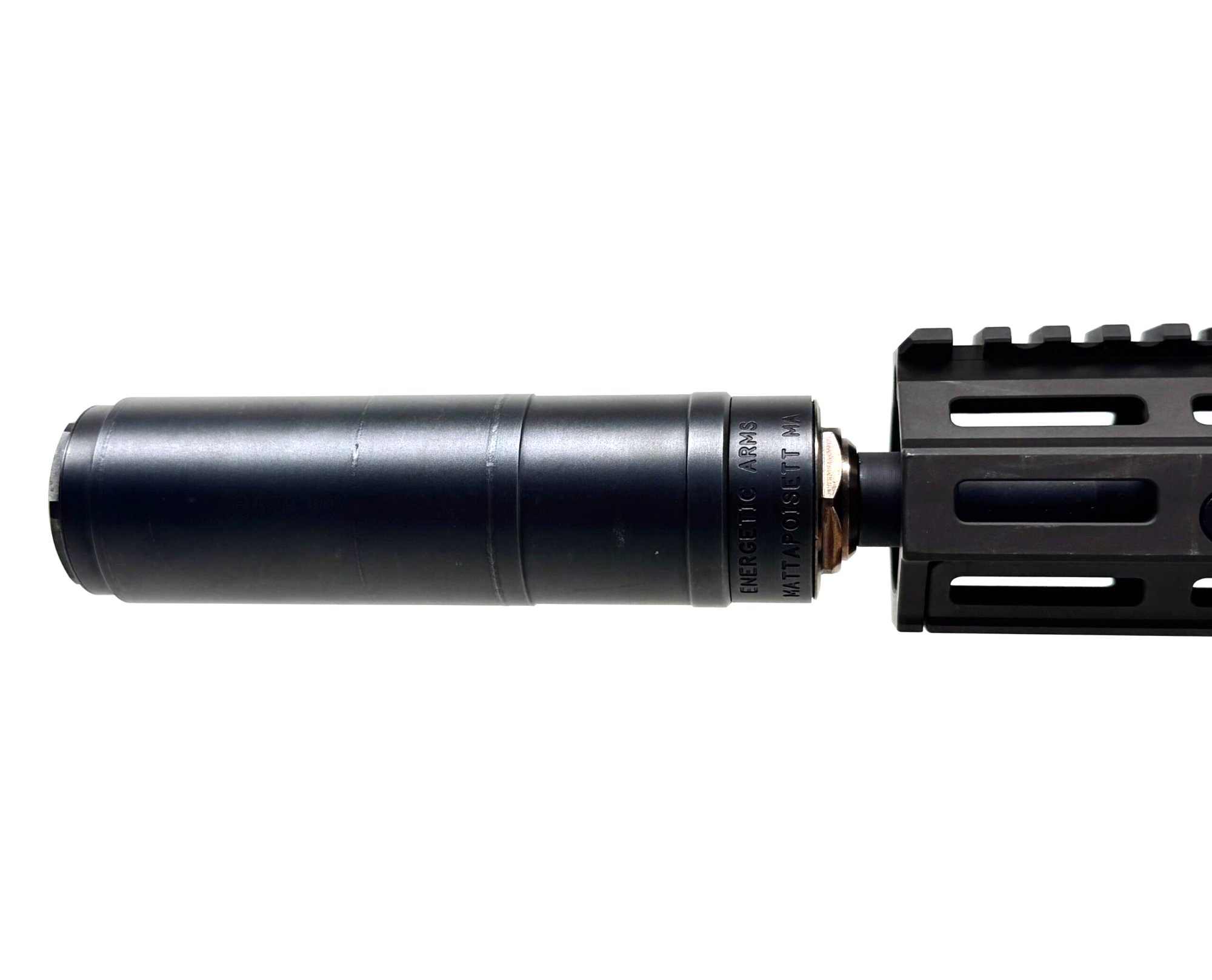 Energetic Arms Ferox Suppressor in Black Nitride with Project E in Raw — front view