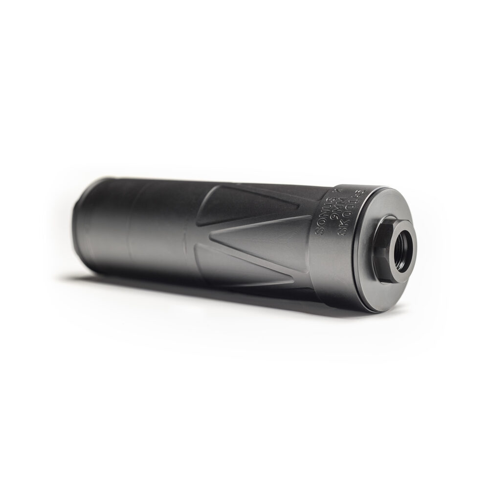 Sonus 9K 9mm suppressor — angled detail showing Serial ID Ring, Energetic Armament