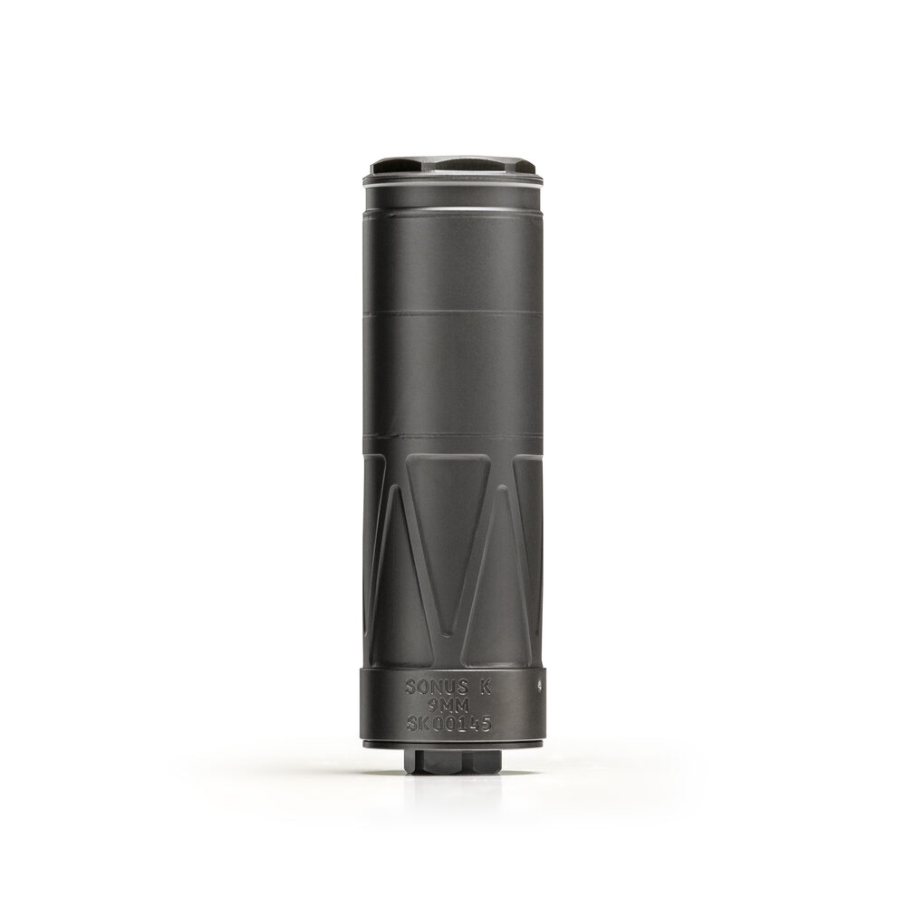 Sonus 9K 9mm suppressor — vertical standing view, Black Nitride, Energetic Armament