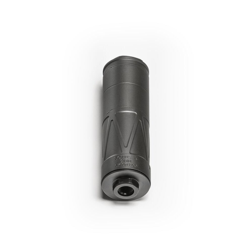 Sonus 9K compact 9mm suppressor — vertical angle view, Black Nitride, Energetic Armament