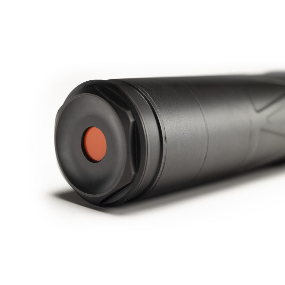 Sonus 9K suppressor wiped end cap detail — Black Nitride finish, Energetic Armament