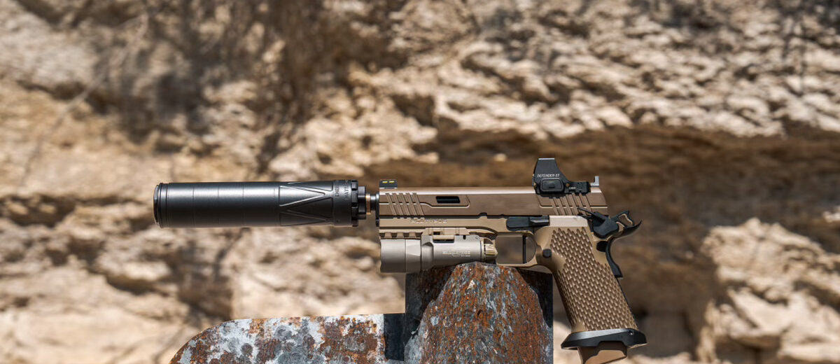 Sonus 9mm suppressor on FDE pistol — pistol platform compatible, Energetic Armament