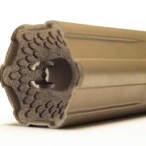 Big Sixy centerfire suppressor in FDE – close-up of hexagonal baffle face and muzzle end, Energetic Armament