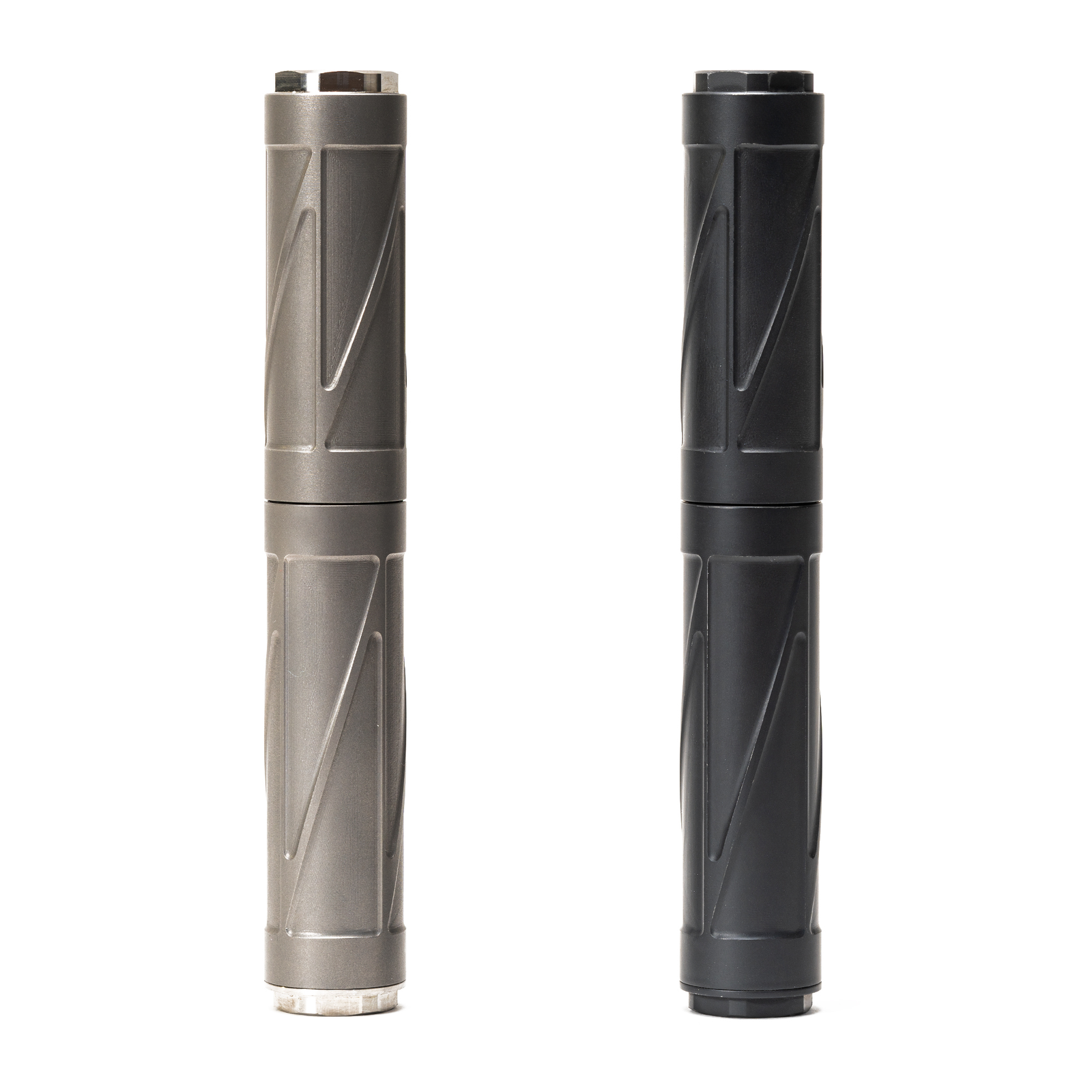 NYX Mod2 titanium rimfire silencer natural and black finish angled view showing modular two-piece construction