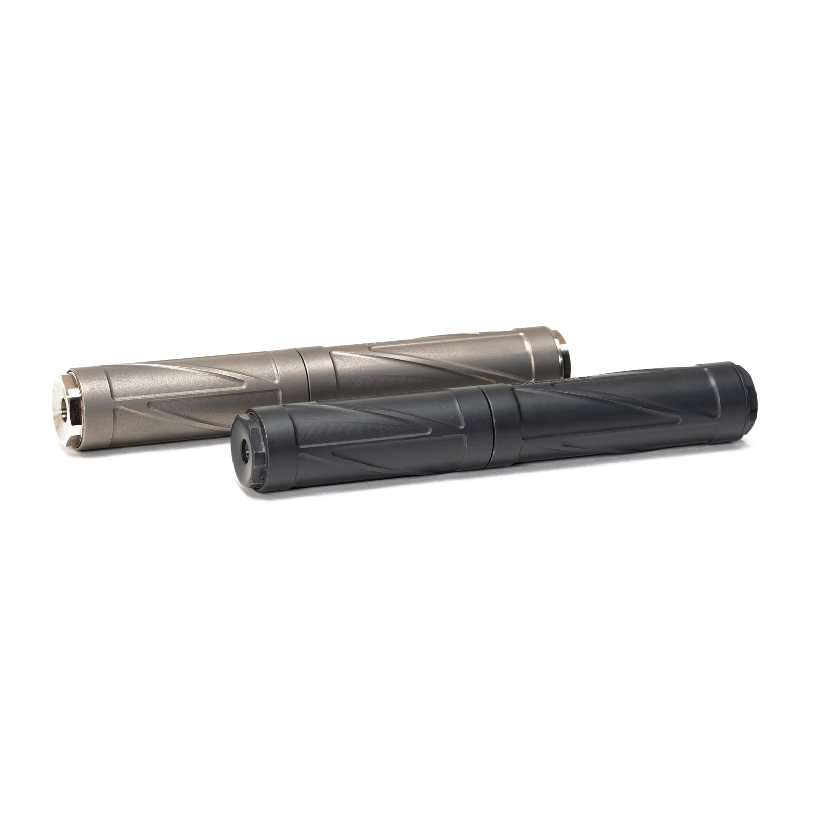 NYX Mod2 all-titanium rimfire suppressor in natural titanium and Graphite Black — full 8-baffle configuration side by side with K-baffle stack
