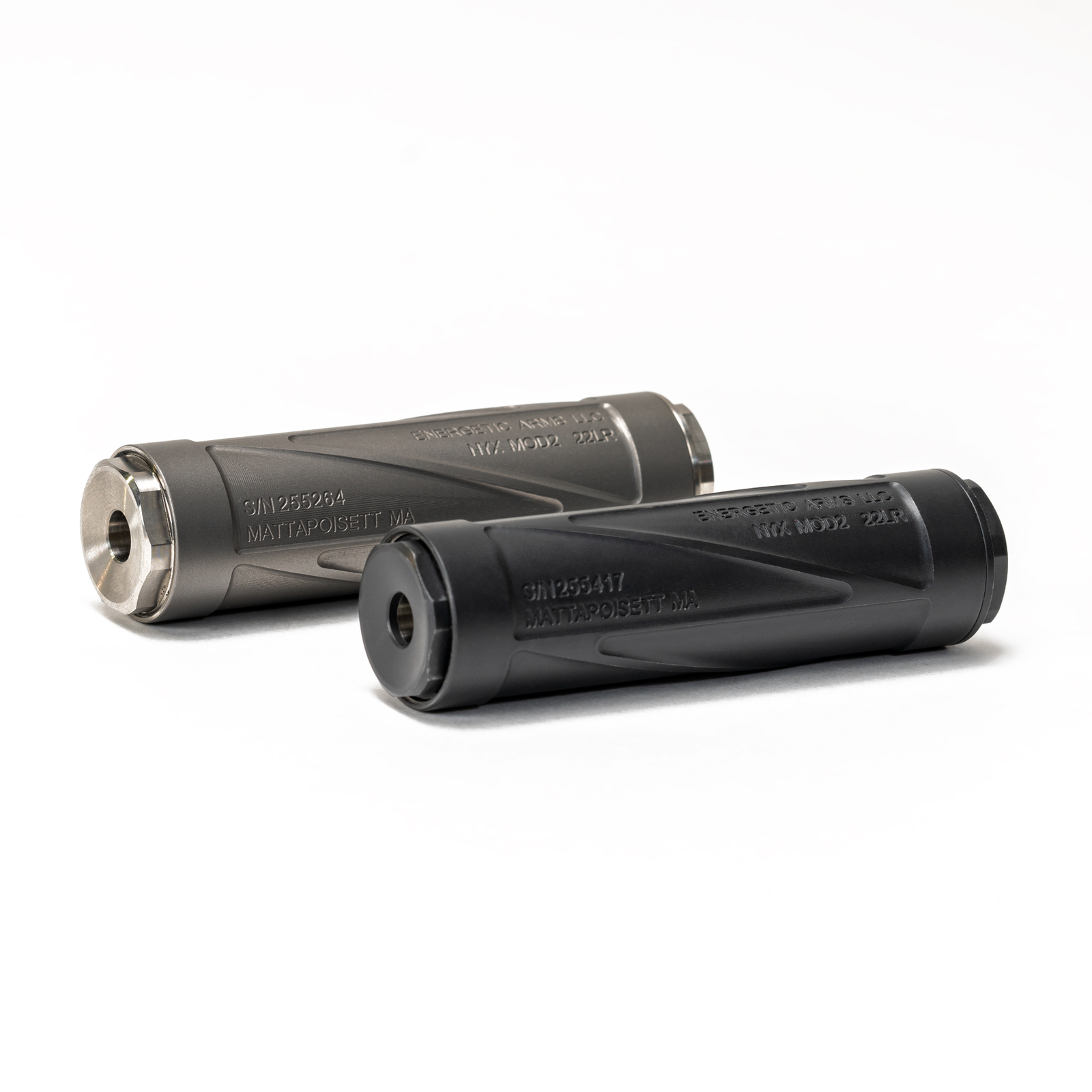 NYX Mod2 natural titanium and Graphite Black Cerakote rimfire suppressors in short 4-baffle configuration